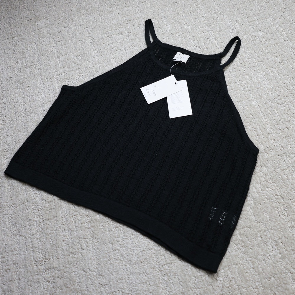 A New Day Black Pointelle Knit Halter Tank Top XL NEW